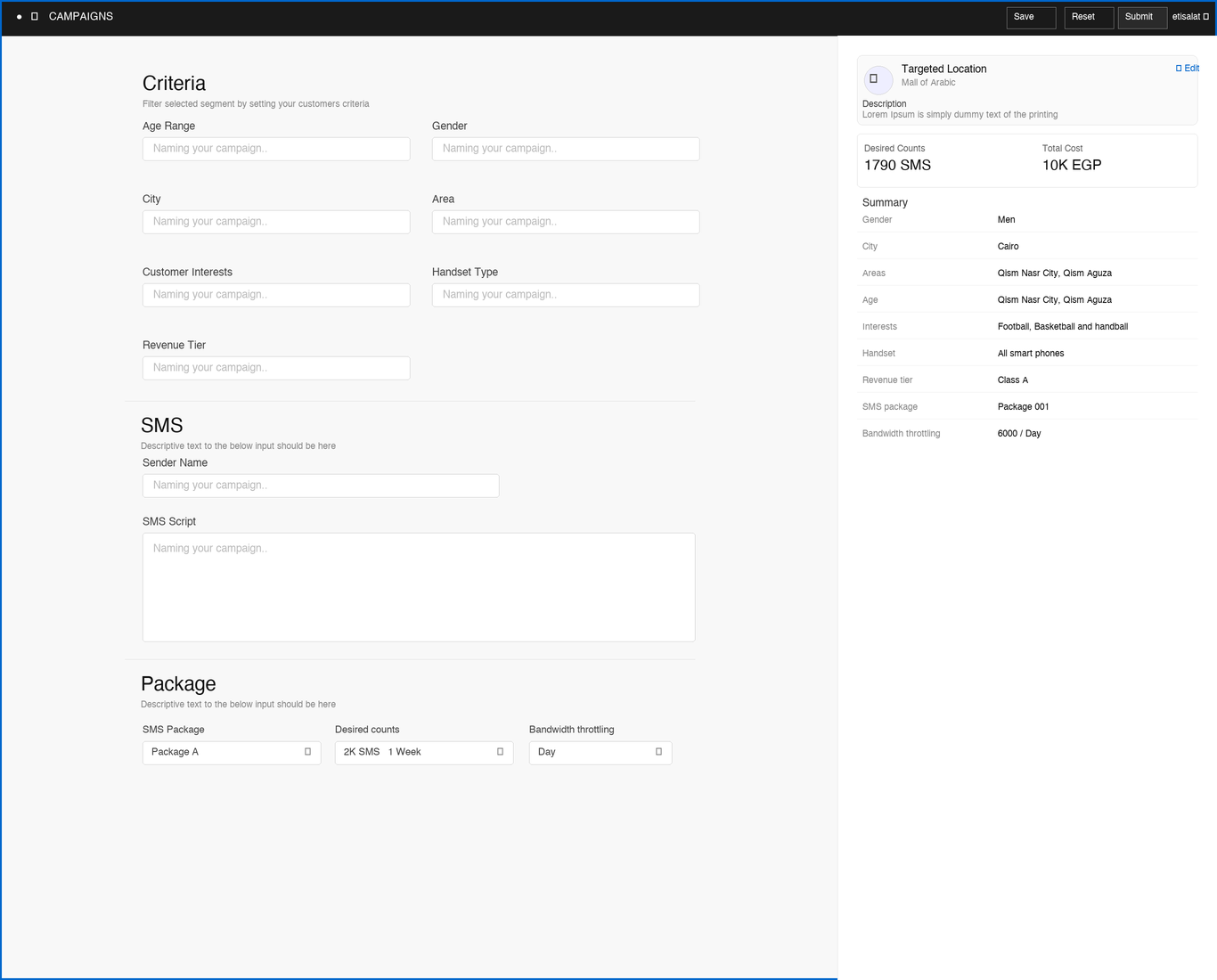 Campaign creation form with criteria, SMS and package sections