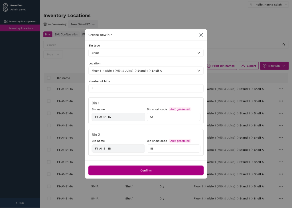 Create new bin form with location hierarchy and auto-generated codes