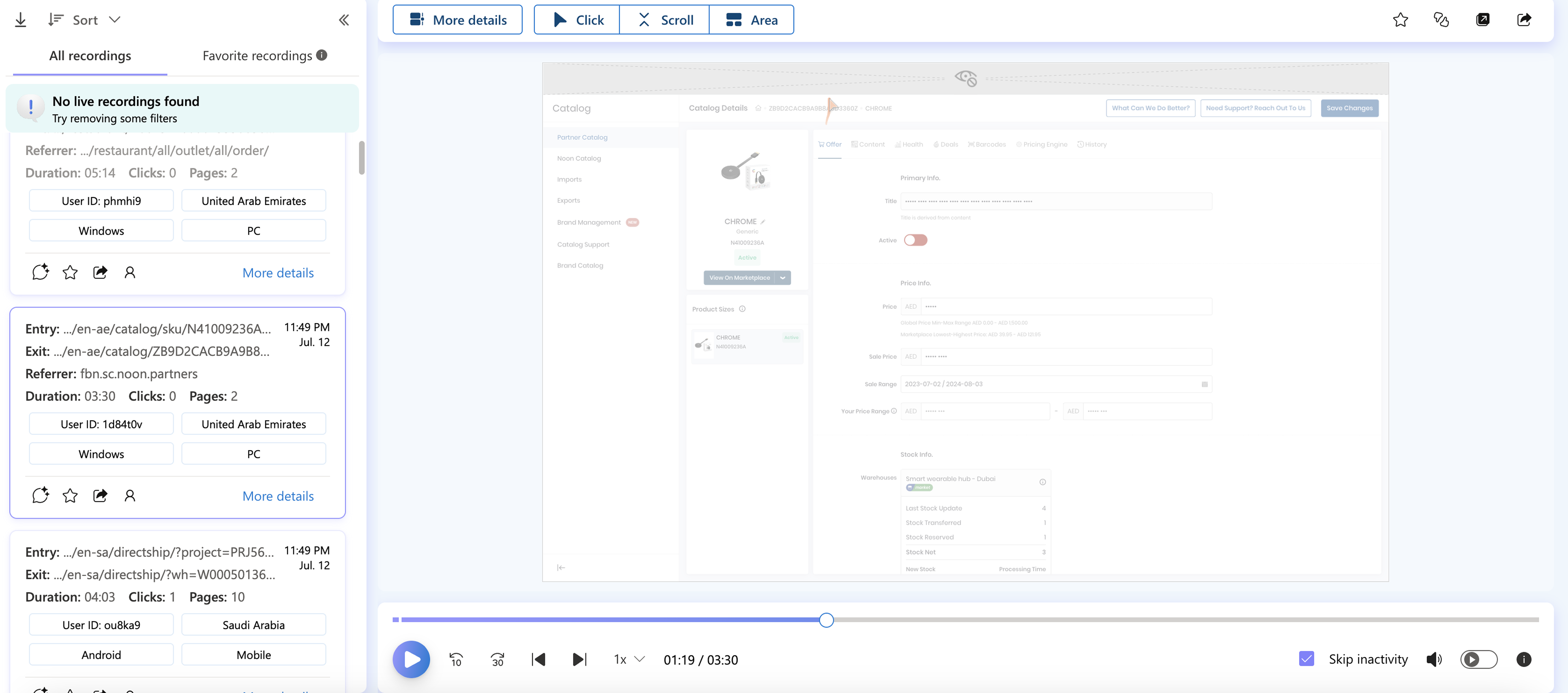 Clarity heatmap showing seller session behaviour