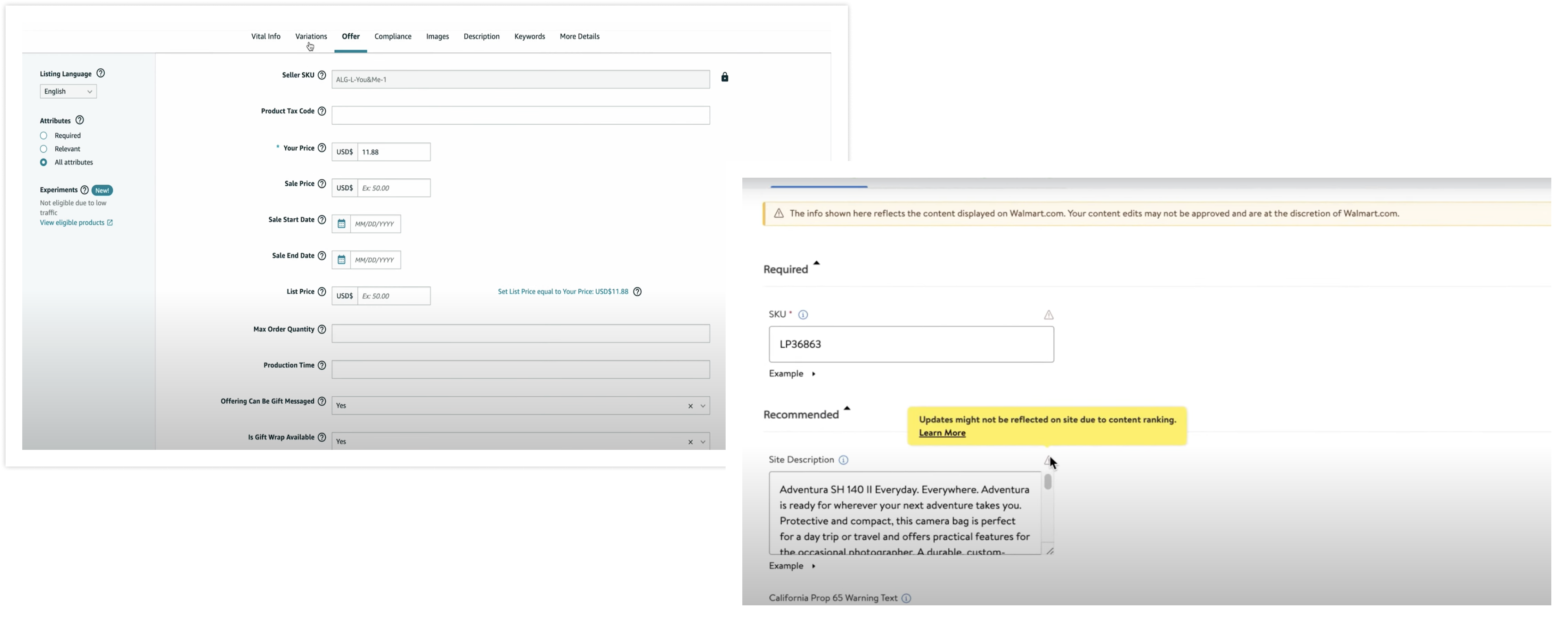 Amazon and Walmart catalog interface analysis