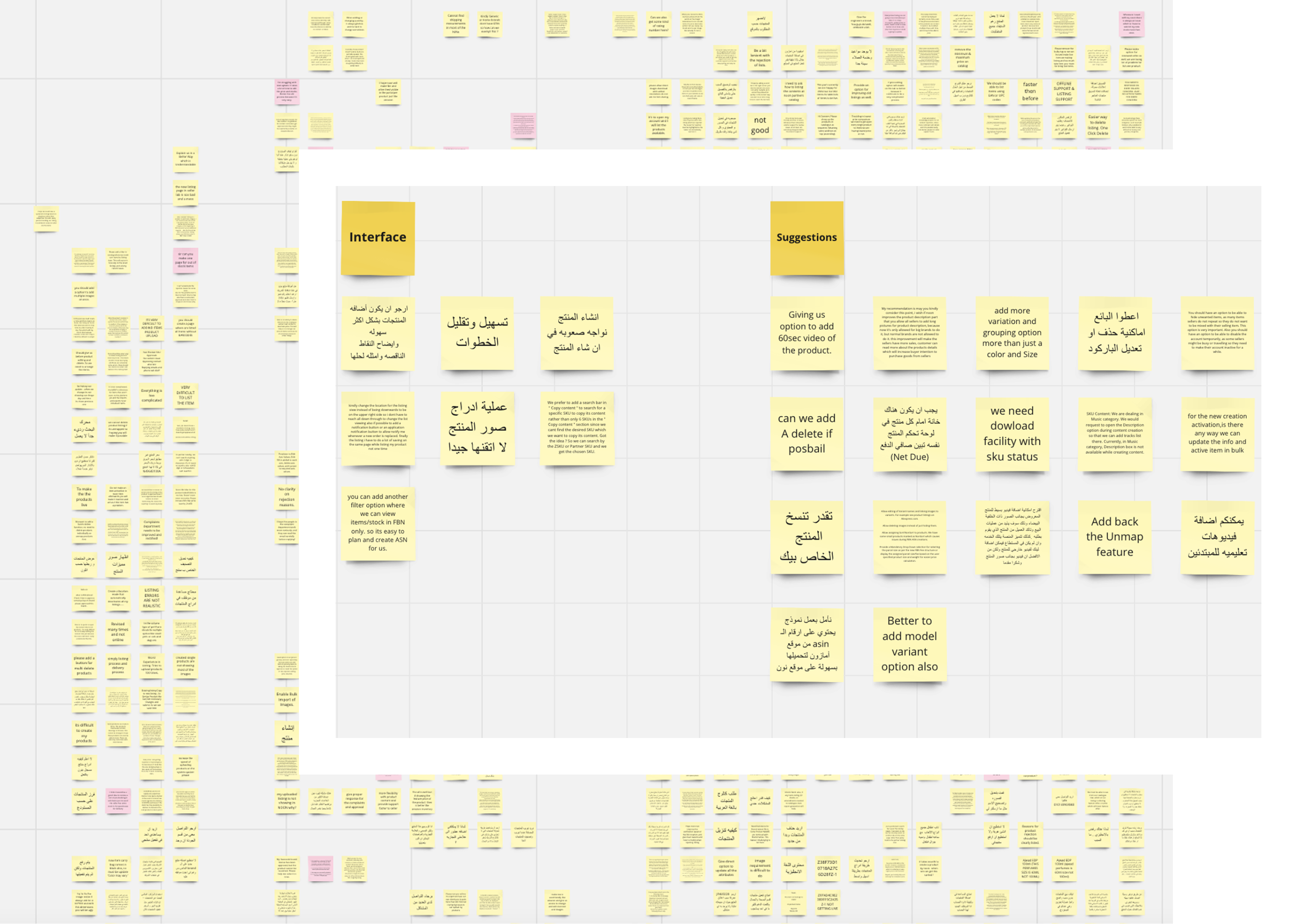 Miro board with clustered seller feedback
